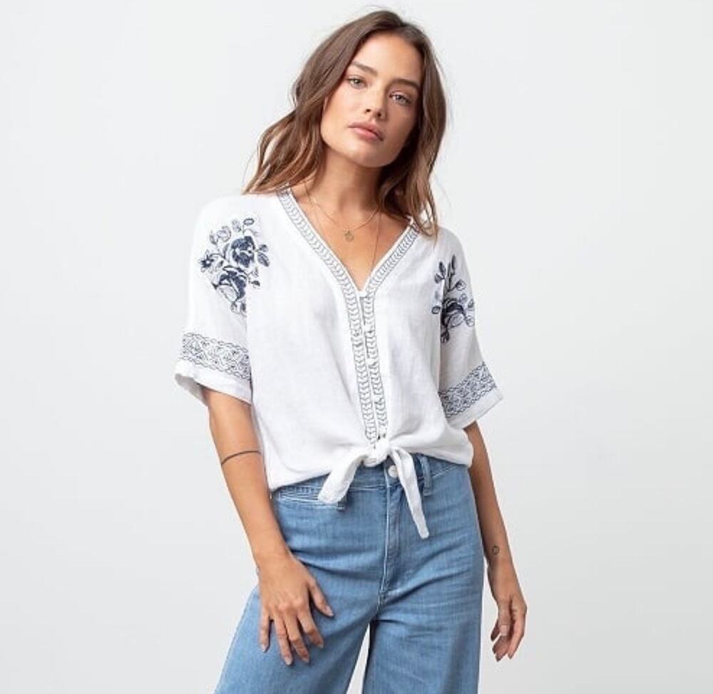 Rails Thea Linen Blend Embroidered Blouse White Blue Floral Tie Front Size L